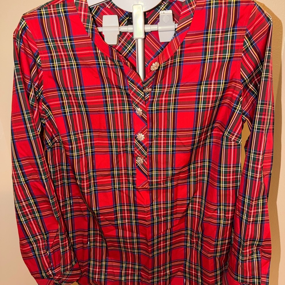 Talbots Jeweled Button Red Tartan Plaid Blouse